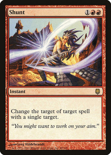 A fantasy trading card named "Shunt [Darksteel]" from the Magic: The Gathering brand features a character using an arm guard to deflect a magical energy beam, set against a backdrop of rocky terrain. The card has a red border and includes the text: "Instantly change the target of target spell with a single target." Its flavor text reads: "You might want to work on your aim.