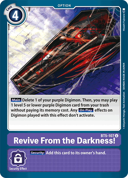 The "Revive From the Darkness! [BT5-107] [Battle of Omni]" Digimon card from the Battle of Omni set features a blue border and has a play cost of 4. The card's illustration depicts a dramatic scene with a purple Digimon emerging from the darkness. Its main effect allows you to delete one purple Digimon in order to play a level 5 or lower purple Digimon from the trash.