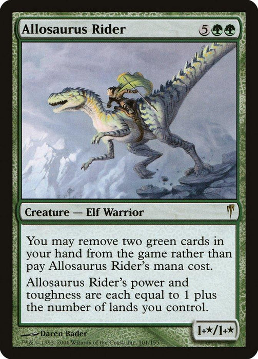 A Magic: The Gathering card from Coldsnap, "Allosaurus Rider [Coldsnap]," depicts a Creature—Elf Warrior riding a large, white and green dinosaur-like creature. Costing 5 generic mana and 2 green mana, its power and toughness are defined by lands you control plus one. Illustrated by Daren Bader against a mountainous and cloudy background.