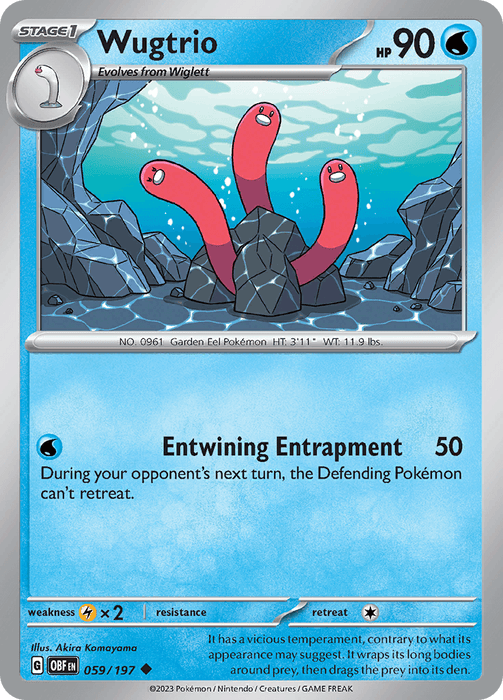 A Pokémon card featuring Wugtrio (059/197) [Scarlet & Violet: Obsidian Flames]. It shows three red, worm-like creatures with expressive eyes emerging from a rocky area. As part of the Scarlet & Violet series, this Water Type card details HP 90, a move called "Entwining Entrapment" that does 50 damage and prevents retreat, and various stats and illustrator information.