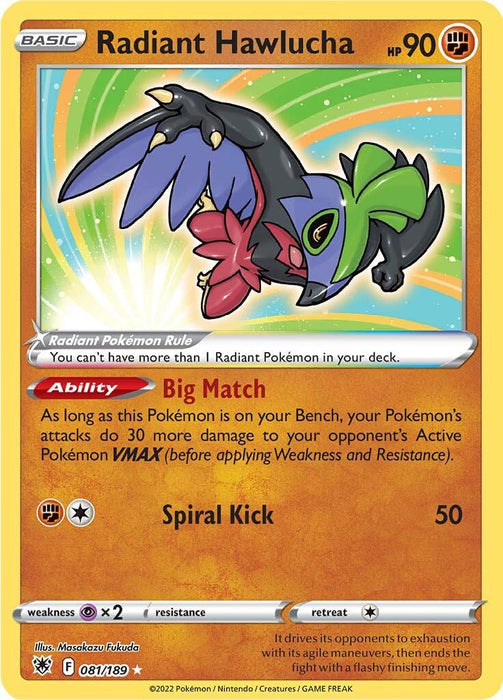 A Radiant Hawlucha (081/189) [Sword & Shield: Astral Radiance] from Pokémon featuring a colorful and dynamic illustration of Hawlucha in mid-action with a rainbow backdrop. This Ultra Rare card has 90 HP, is labeled as 081/189, and includes the ability "Big Match" and the move "Spiral Kick," which deals 50 damage. The background is orange.