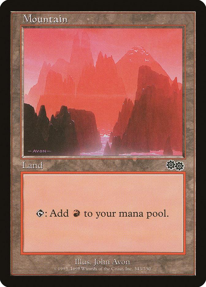 The Magic: The Gathering card "Mountain (343) [Urza's Saga]" illustrates a red-colored mountainous landscape under a pink sky, with artwork by John Avon. It is a Basic Land card that contributes red mana to the player's mana pool.