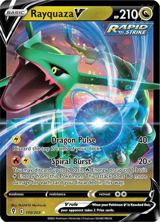 A Pokémon trading card featuring "Rayquaza V (110/203) [Sword & Shield: Evolving Skies]" with 210 HP from the Evolving Skies series. An Ultra Rare gem, its attacks include Dragon Pulse, which deals 40 damage and discards the top 2 cards of your deck, and Spiral Burst, which deals 20+ damage. The card also showcases stunning artwork of Rayquaza in the background.