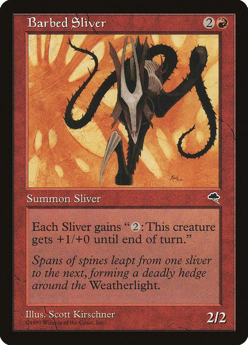 A Magic: The Gathering product titled "Barbed Sliver [Tempest]." This red Tempest creature features an ominous, spiked illustration in the center. The text reads, “Each Sliver gains '2: This creature gets +1/+0 until end of turn.'” Flavor text: “Spans of spines leapt from one sliver to the next, forming a deadly hedge around the