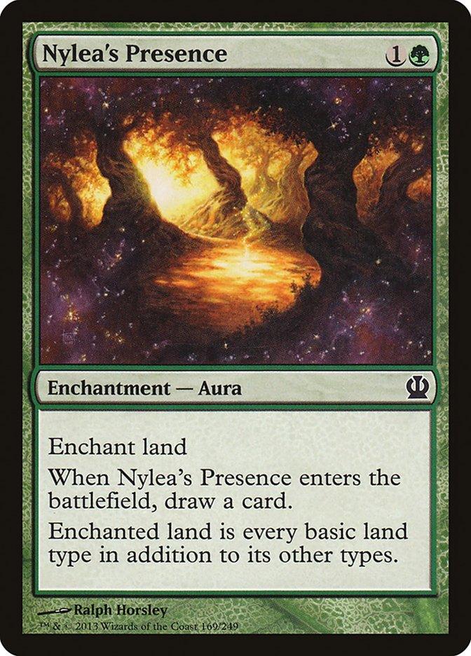 The image showcases a Magic: The Gathering card titled "Nylea's Presence [Theros]," an Enchantment - Aura with a green border. Costing 1 colorless mana and 1 green mana, it features forest scenery with glowing light, reminiscent of Theros. The card text describes its enchantment effects and rules.