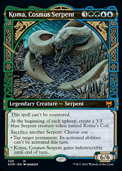 A "Magic: The Gathering" card depicting **Koma, Cosmos Serpent (Showcase) [Kaldheim]**. The card's border features ornate designs and colors of blue and green. The image showcases a large, mystical serpent coiled in a dark, cosmic environment. It has the creature type "Legendary Creature - Serpent" and text detailing its abilities.