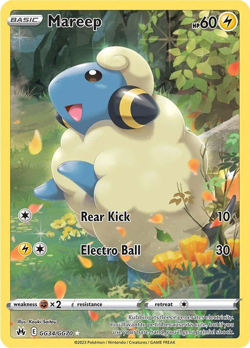 A Mareep (GG34/GG70) [Sword & Shield: Crown Zenith] Pokémon card shows an animated sheep-like creature with fluffy white wool and blue skin. Mareep stands on a grassy field with flowers and rocks. This Holo Rare from the Crown Zenith set features two moves: Rear Kick (10) and Electro Ball (30). Text at the bottom provides illustrator info and game copyright details.
