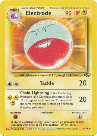 Introducing a highly sought-after Pokémon trading card: the Electrode (18/64) from the Jungle Unlimited set. This rare card showcases Electrode, the round, red-and-white Pokémon, with a robust 90 HP. At its core is an image of Electrode poised for battle. Equipped with two formidable attacks, 