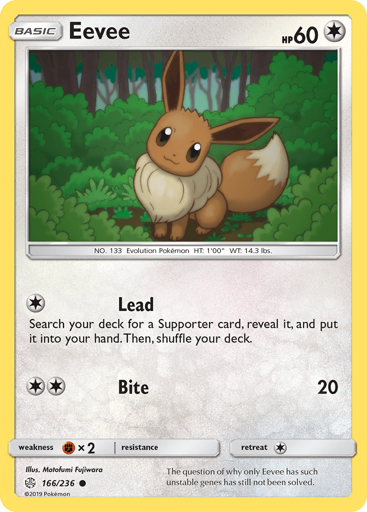 The image shows a common Eevee (166/236) [Sun & Moon: Cosmic Eclipse] trading card from the Pokémon series. The card features an illustration of Eevee in a forest setting. Eevee is a small, brown, fox-like creature with large ears and a bushy tail. This colorless card has 60 HP and includes two moves: 