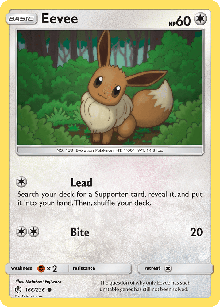 The image shows a common Eevee (166/236) [Sun & Moon: Cosmic Eclipse] trading card from the Pokémon series. The card features an illustration of Eevee in a forest setting. Eevee is a small, brown, fox-like creature with large ears and a bushy tail. This colorless card has 60 HP and includes two moves: "Lead" and "Bite." It is card number 166.