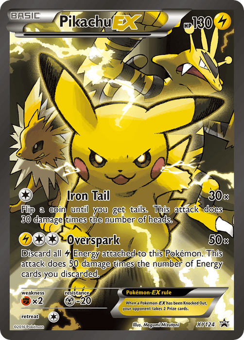 A Lightning Type Pokémon card featuring Pikachu EX (XY124) [XY: Black Star Promos] with 130 HP. Pikachu, surrounded by an electric aura and two smaller Pokémon, has two attacks: Iron Tail (50 damage) and Overspark (50x damage). There's resistance to Metal, a retreat cost of 1, and a weakness to Fighting. Part of the Black Star Promos series from Pokémon, this card is illustrated by Megumi.
