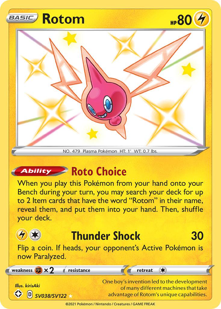 A Rotom (SV038/SV122) [Sword & Shield: Shining Fates] card from the Pokémon collection, featuring a yellow border and red/orange Rotom illustration. With 80 HP, this Electric-type boasts the 