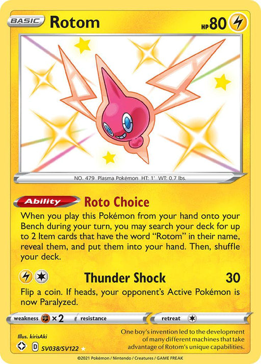 A Rotom (SV038/SV122) [Sword & Shield: Shining Fates] card from the Pokémon collection, featuring a yellow border and red/orange Rotom illustration. With 80 HP, this Electric-type boasts the "Roto Choice" ability and an attack called "Thunder Shock," dealing 30 damage. The bottom includes artist credits and some additional text.