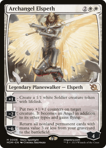 A Magic: The Gathering card titled "Archangel Elspeth [March of the Machine]" is a Mythic Rarity legendary planeswalker with white and gold hues, depicting a winged female angel in armor, holding a spear. She has a halo of light and broken marble pieces flying around her. The card details three abilities and has a starting loyalty of 4.