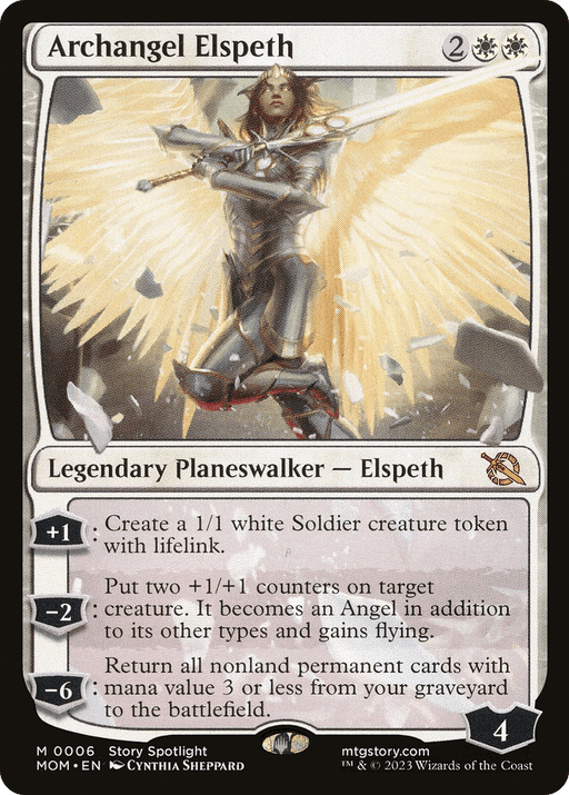 A Magic: The Gathering card titled "Archangel Elspeth [March of the Machine]" is a Mythic Rarity legendary planeswalker with white and gold hues, depicting a winged female angel in armor, holding a spear. She has a halo of light and broken marble pieces flying around her. The card details three abilities and has a starting loyalty of 4.