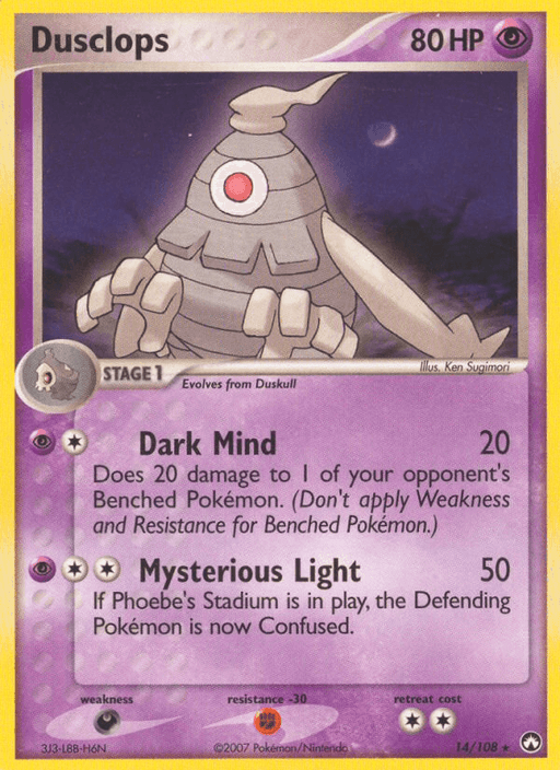 A rare Pokémon trading card featuring Dusclops (14/108) [EX: Power Keepers]. The Psychic type card has 80 HP and evolves from Duskull. Its moves are "Dark Mind" and "Mysterious Light." Illustrations show Dusclops with a single eye and bandaged arms. The card number is 14/108 with a star rarity symbol.
