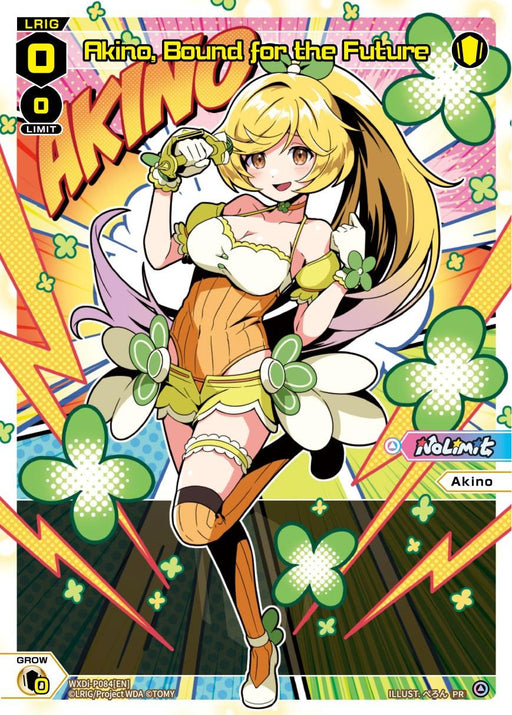 An anime-style character with blonde hair, wearing a yellow, white, and green outfit, is striking a dynamic pose. The background is colorful with comic-like text "AKINO" and various decorative elements such as clovers and lightning bolts. The text "Akino, Bound for the Future" graces the top of this 2022 Release LRIG promo card. This is the Akino, Bound for the Future (Alternate Art) (WXDi-P084) [Promo Cards] by TOMY.