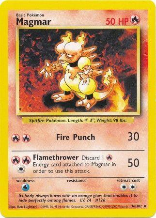 A **Pokémon** trading card featuring Magmar, a fiery creature with a flaming body, 50 HP, and measuring 4'3" and 98 lbs. This Fire Type card from Base Set Unlimited includes two attacks: "Fire Punch" worth 30 damage and "Flamethrower" worth 50 damage. The yellow-bordered **Magmar (36/102) [Base Set Unlimited]** showcases its Uncommon Rarity.