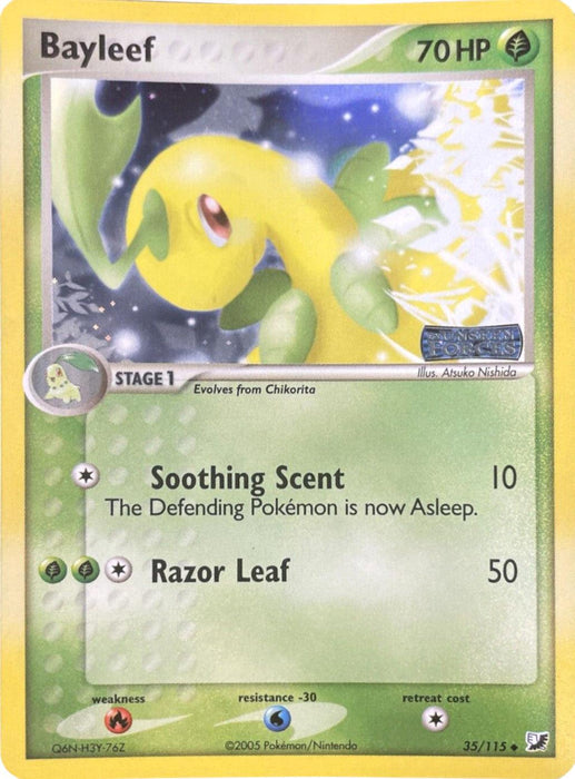 A Bayleef (35/115) (Stamped) [EX: Unseen Forces] from the Pokémon series. The uncommon card has 70 HP and features Bayleef with green leaves on its neck standing amidst glowing leaves and yellow light. It has two attacks: Soothing Scent, which inflicts 10 damage, and Razor Leaf, which inflicts 50 damage. Stage 1 Grass card, evolves from Chikorita in the Pokémon trading card game.