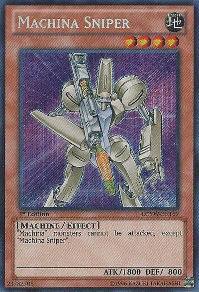 The Machina Sniper [LCYW-EN169] Secret Rare Yu-Gi-Oh! card highlights a level 4 Earth attribute machine/effect monster. The card features a robotic figure with metallic limbs, orange accents, and a sniper rifle. It possesses 1800 ATK and 800 DEF, ensuring that 