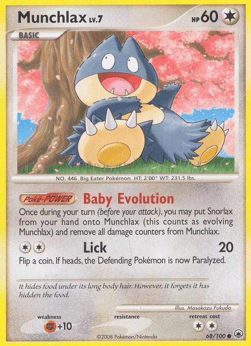 A Munchlax (68/100) [Diamond & Pearl: Majestic Dawn] Pokémon card from the Majestic Dawn set, numbered 68 out of 100. The card, featuring the Colorless type, shows Munchlax, a chubby bear-like Pokémon with its mouth open wide. It has HP 60 and moves "Baby Evolution" and "Lick," along with weaknesses, resistances, and retreat costs detailed at the bottom.