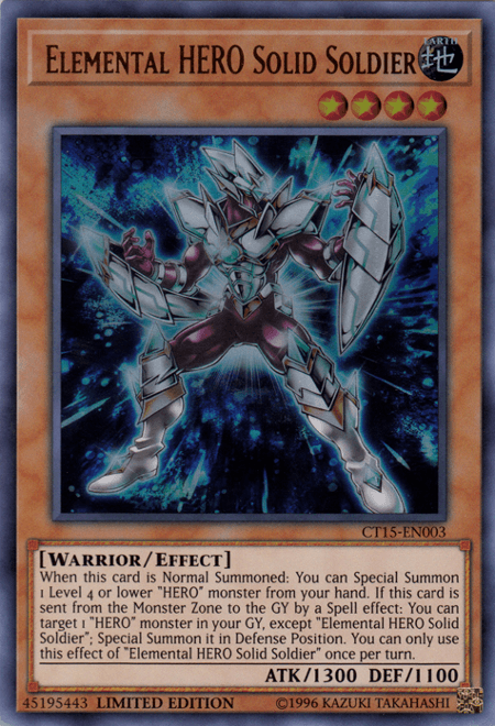 An image of the Elemental Hero Solid Soldier [CT15-EN003] Ultra Rare Yu-Gi-Oh! trading card. This Effect Monster features a robotic warrior in sleek, metallic armor with purple and blue highlights, standing against a cosmic background. It has 1300 ATK and 1100 DEF. The card is labeled 