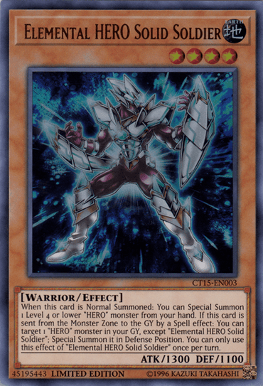 An image of the Elemental Hero Solid Soldier [CT15-EN003] Ultra Rare Yu-Gi-Oh! trading card. This Effect Monster features a robotic warrior in sleek, metallic armor with purple and blue highlights, standing against a cosmic background. It has 1300 ATK and 1100 DEF. The card is labeled "CT15-EN003" and describes its summoning effects.