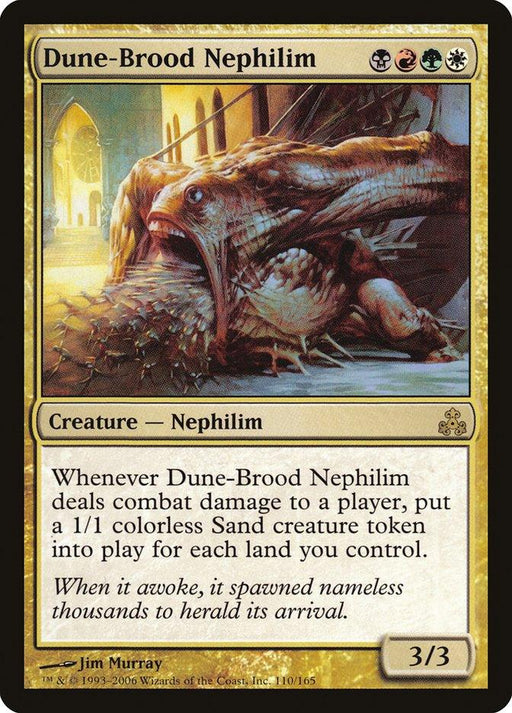 A Magic: The Gathering card "Dune-Brood Nephilim [Guildpact]" from Magic: The Gathering depicts a large, monstrous Nephilim creature with scales and multiple limbs emerging from a desert landscape. The card has 3/3 power and toughness, costs {R}{G}{W}{B} to cast, and creates Sand creature tokens when it deals combat damage.