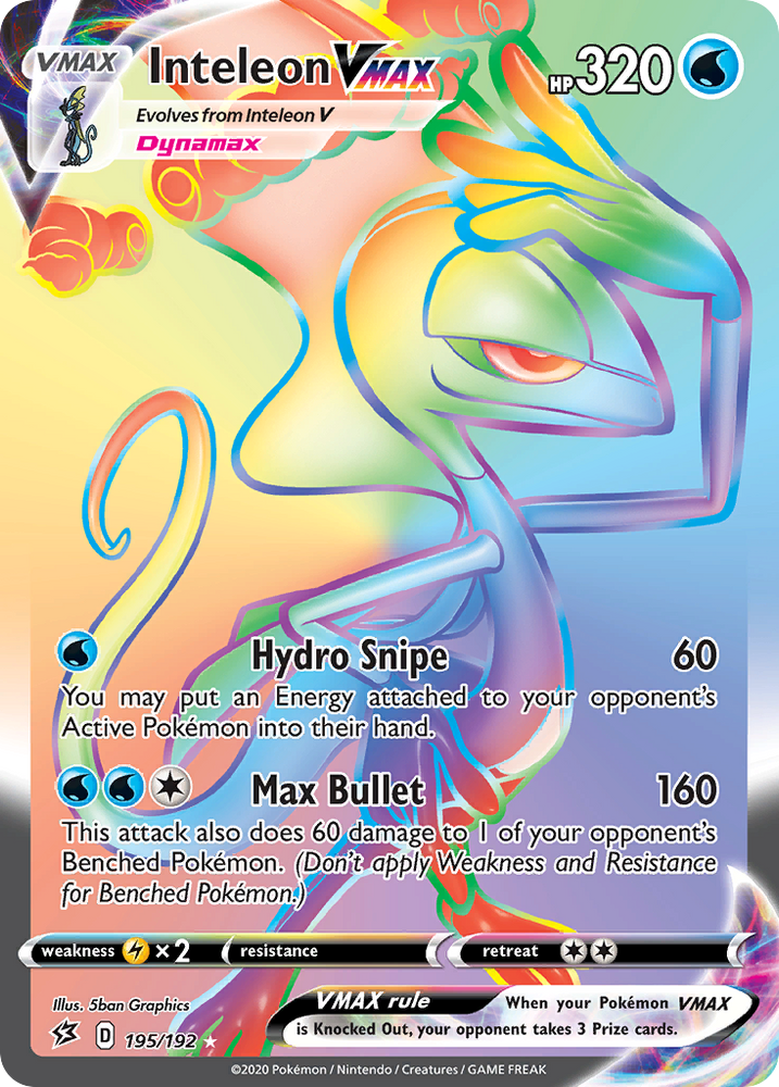 The Inteleon VMAX (195/192) card from the Pokémon Sword & Shield: Rebel Clash set showcases a Secret Rare variant featuring 320 HP. It falls under the VMAX and Dynamax classifications and displays two powerful Water Type moves: Hydro Snipe, dealing 60 damage, and Max Bullet, delivering 160 damage. The card's artwork illustrates Inteleon in a vibrant and dynamic pose, complete with details on its weakness, resistance, and retreat costs.