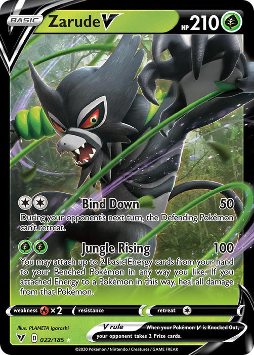 A Pokémon trading card featuring Zarude V (022/185) [Sword & Shield: Vivid Voltage] from the Pokémon series. It has a HP of 210 and its type is Dark. Moves include Bind Down, which deals 50 damage, and Jungle Rising, which deals 100 damage and can attach Energy cards from your hand to benched Pokémon. The Ultra Rare card art shows Zarude V in a dynamic, aggressive pose.