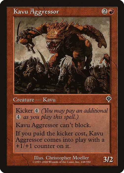 A Magic: The Gathering product named "Kavu Aggressor [Invasion]" features a detailed illustration of a monstrous Kavu creature with three legs and muscular arms attacking warrior soldiers. Card text includes abilities like "Kicker 4," "Kavu Aggressor can't block," and a boosting effect if the kicker cost is paid.