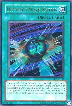 A "Yu-Gi-Oh!" trading card titled "Diffusion Wave-Motion [DR1-EN162] Ultra Rare" is shown. As an Ultra Rare Spell Card from Dark Revelation Volume 1, it features a green border and an image of a glowing orb with lightning. The card text explains its effect of paying 1000 life points, selecting a Level 7 or higher Spellcaster-Type monster, and attacking multiple enemy monsters.