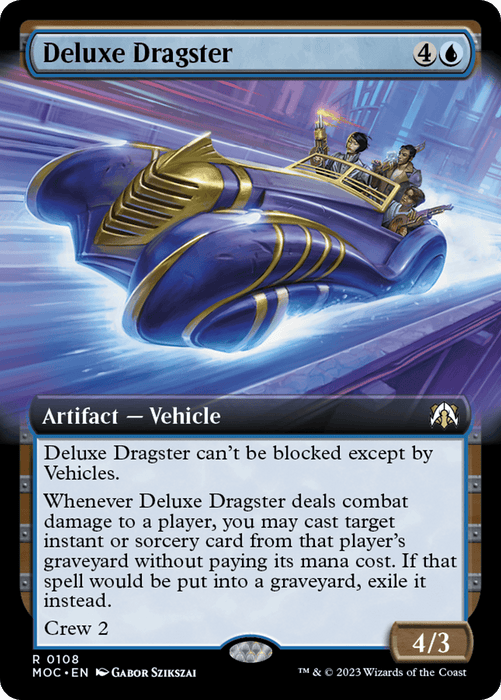 A blue, glowing futuristic vehicle with gold accents speeds forward, appearing to leave a trail of light. The card name is "Deluxe Dragster (Extended Art) [March of the Machine Commander]," labeled as an Artifact Vehicle from the Magic: The Gathering set. It boasts various abilities in the text box and stats of 4/3 in the bottom right.