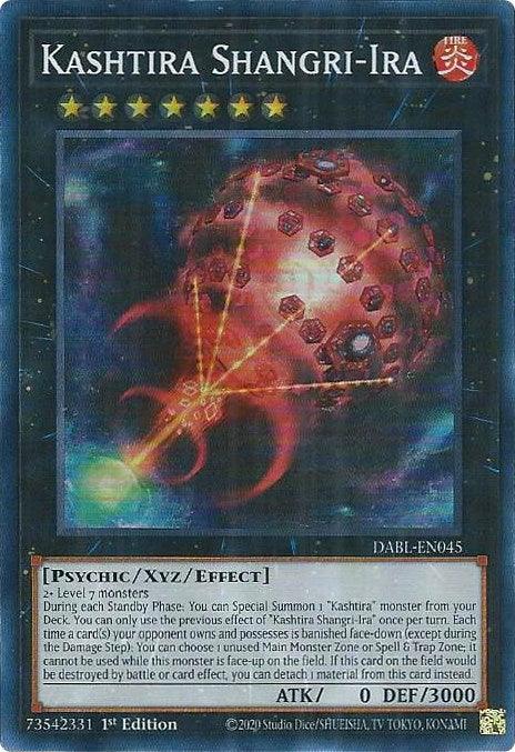 A Kashtira Shangri-Ira [DABL-EN045] Super Rare trading card from the Yu-Gi-Oh! game. The card, featured in the Darkwing Blast set, depicts a large, intricate floating fortress with an ominous glowing core and a cosmic backdrop. The text box details its powerful effect.