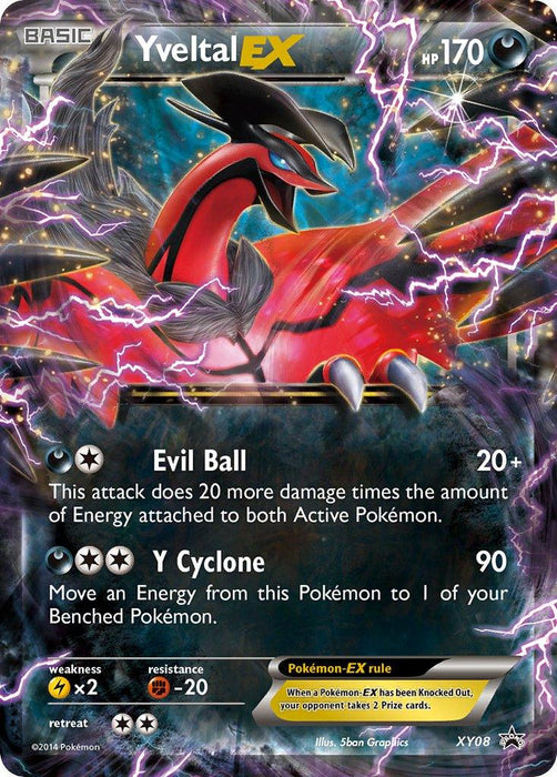 A Pokémon Yveltal EX (XY08) [XY: Black Star Promos] trading card featuring Yveltal, a large, bird-like creature with red and black coloration, surrounded by purple lightning. The card details include 170 HP, Evil Ball (20+ damage), Y Cyclone (90 damage), and mentions a retreat cost, weakness, and resistance.