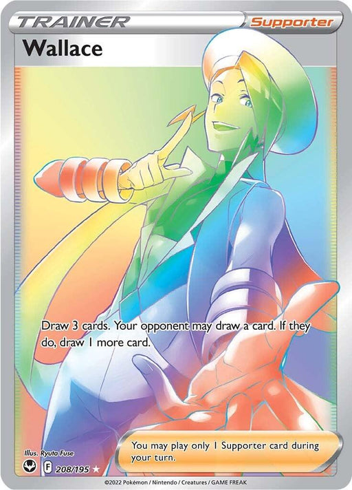 A Pokémon card from the Silver Tempest set featuring Wallace, a Trainer and Supporter. Wallace is depicted with long green hair and a confident stance, extending his arm forward. The card text reads: "Draw 3 cards. Your opponent may draw a card. If they do, draw 1 more card." Illustration by Ryuta Fuse.

Wallace (208/195) [Sword & Shield: Silver Tempest] is part of the Pokémon collection.