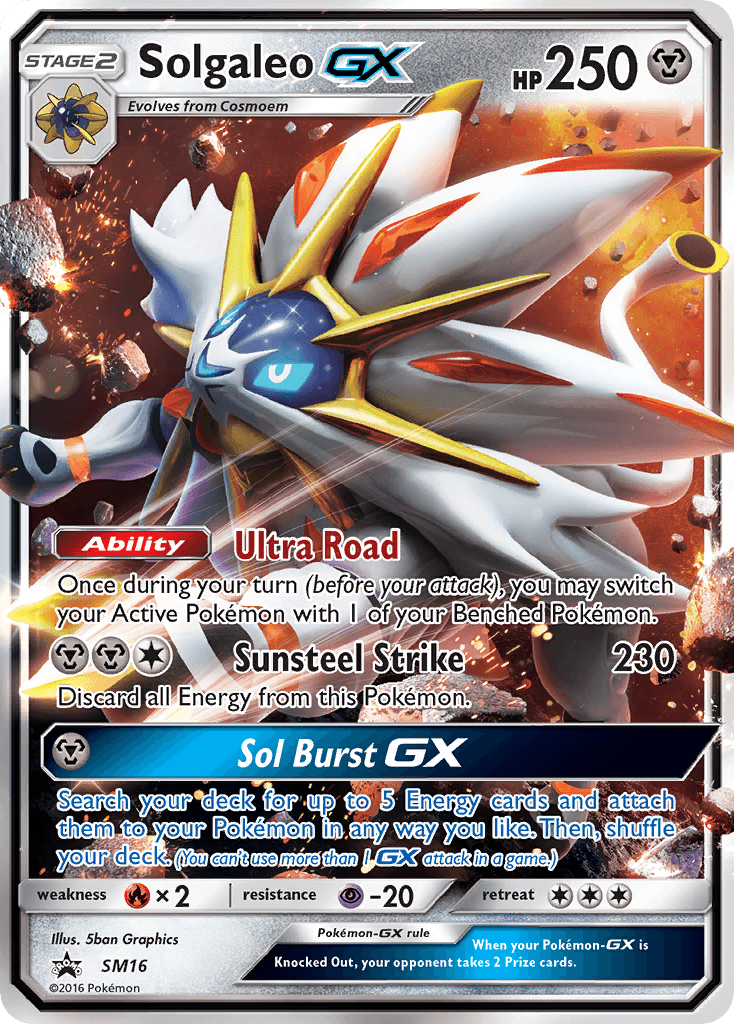 Image of a Pokémon trading card featuring Solgaleo GX (SM16) [Sun & Moon: Black Star Promos] from the Pokémon series. The holographic card showcases Solgaleo, a lion-like Pokémon with white fur and glowing yellow, red, and blue accents. This Black Star Promo card details its abilities: 