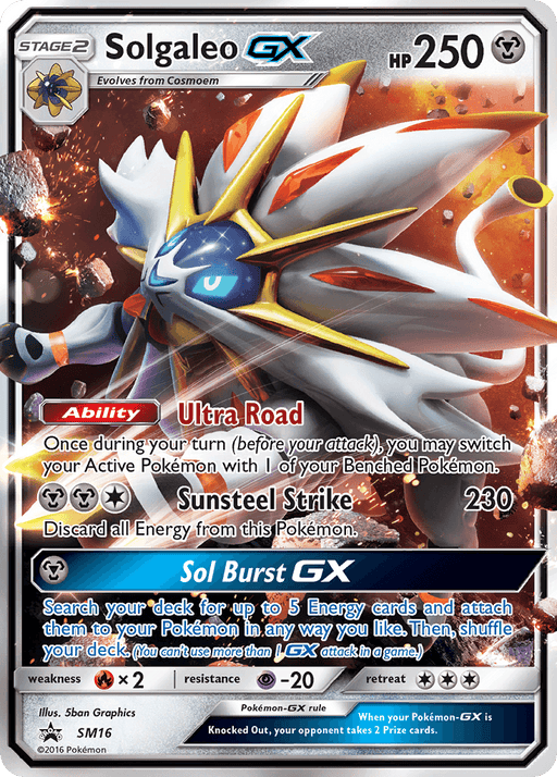 Image of a Pokémon trading card featuring Solgaleo GX (SM16) [Sun & Moon: Black Star Promos] from the Pokémon series. The holographic card showcases Solgaleo, a lion-like Pokémon with white fur and glowing yellow, red, and blue accents. This Black Star Promo card details its abilities: "Ultra Road," "Sunsteel Strike," and the GX move "Sol Burst GX," with 250 HP.