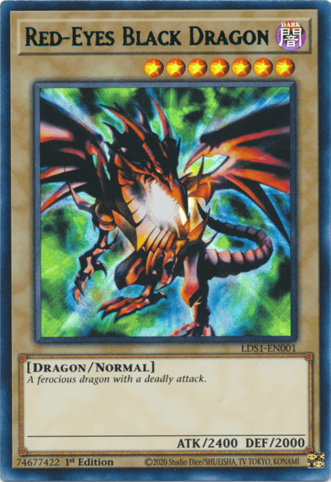 A Yu-Gi-Oh! trading card titled "Red-Eyes Black Dragon (Green) [LDS1-EN001] Ultra Rare." This Ultra Rare card features a black and red dragon with glowing red eyes, wings spread, and surrounded by a vibrant aura. With an 8-star ranking, 2400 attack points, and 2000 defense points, this Legendary Duelist's Normal Monster is a must-have.