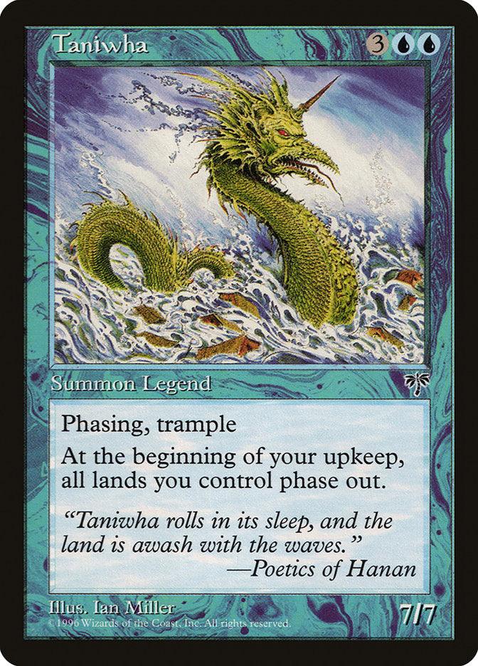 The Magic: The Gathering card "Taniwha [Mirage]" features a legendary green, serpent-like creature emerging from turbulent blue water. This powerful entity has Phasing, Trample, and causes lands to phase out during upkeep. Adorned with flavor text attributed to the "Poetics of Hanan," Taniwha boasts a power and toughness of 7/7 and is illustrated by Ian Miller.