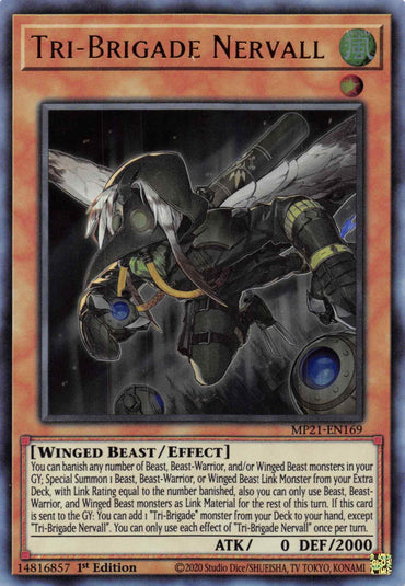 Yu-Gi-Oh! trading card titled "Tri-Brigade Nervall [MP21-EN169] Ultra Rare." Image of a humanoid bird warrior with a sword, in flying motion against a dark, mechanical background. The card's border is golden with intricate details and text describing the Ultra Rare monster's Winged Beast/Effect in the box below the image.