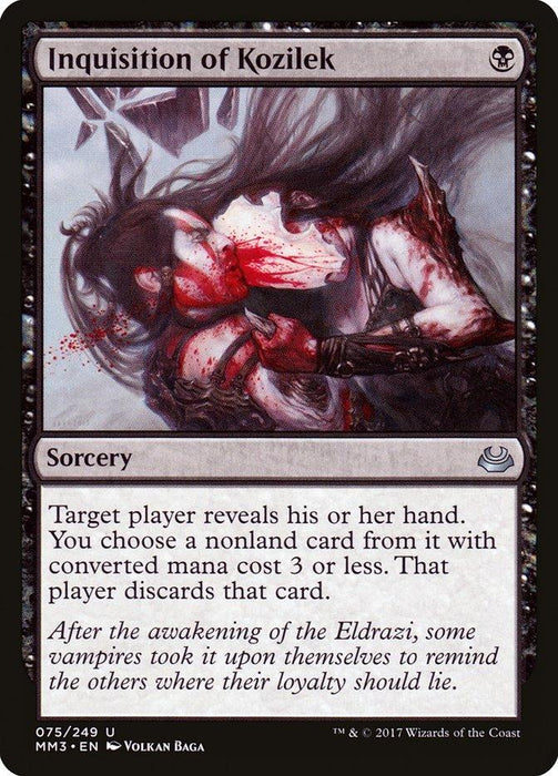 A Magic: The Gathering card titled Inquisition of Kozilek [Modern Masters 2017]. This uncommon sorcery depicts a person gripping another by the throat, sharp nails drawing blood. Below the image, the card's text explains its game effect and flavor text, with artist credit at the bottom.