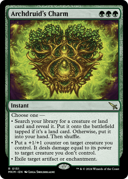 A Magic: The Gathering card titled "Archdruid's Charm [Murders at Karlov Manor]." This Rare Instant showcases an intricate green illustration of a tree with a face at the center. Below the artwork, it describes three abilities: finding a card, enhancing a creature, and exiling an artifact or enchantment. Casting cost: {G}{G}{G}.