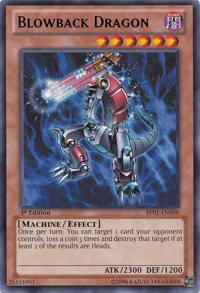 A Yu-Gi-Oh! card named "Blowback Dragon [BP01-EN008] Rare." It's a dark-attribute effect monster in the Battle Pack: Epic Dawn, boasting an attack of 2300 and defense of 1200. The dragon's mechanical, red and silver body features a laser aiming from its arm. Effect: Toss a coin thrice; destroy a target if at least 2 results are Heads