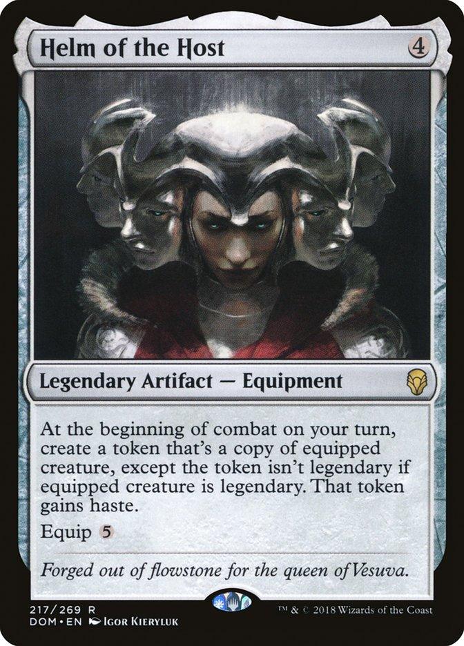 The Helm of the Host [Dominaria] Magic: The Gathering card from Magic: The Gathering features a silver helmet with three faces and horns. It's a legendary artifact equipment card. Text reads: 