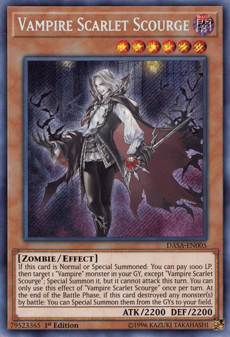 A "Vampire Scarlet Scourge [DASA-EN005] Secret Rare" Yu-Gi-Oh! trading card. This Secret Rare Effect Monster showcases a dark-themed vampire with long white hair, brandishing a sword against a misty red and black backdrop. It boasts Zombie/Effect type, ATK 2200, DEF 2200. Set ID: DASA-EN005.