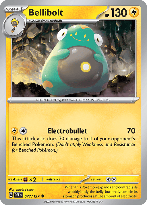 A Pokémon card featuring Bellibolt (077/197) [Scarlet & Violet: Obsidian Flames] from Pokémon. Bellibolt, an uncommon, round amphibian-like creature with a blue-green body, yellow cheeks, and a white belly marked with a teal line. It has large blue eyes with small pupils. The card shows "Bellibolt" at the top and has 130 HP. The attack "Electrobullet