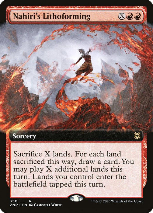 A Magic: The Gathering card titled "Nahiri's Lithoforming (Extended Art) [Zendikar Rising]." Illustrated by Campbell White, it shows a figure in red robes manipulating molten rock to create a fiery vortex in a mountainous landscape. This rare, red sorcery from Zendikar Rising is labeled 350/380 and lets you sacrifice X lands to draw cards and play additional lands.