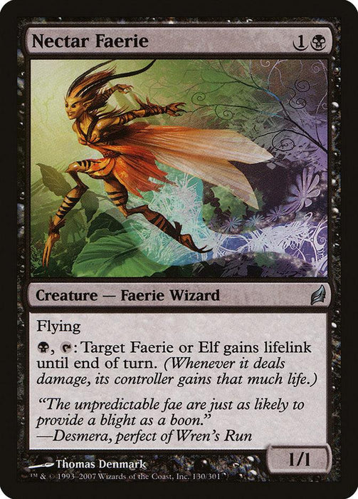 Magic: The Gathering product Nectar Faerie [Lorwyn] depicts a faerie with orange and yellow tones, insect-like wings, and pointed ears perched on a branch. The card costs 1 black mana and 1 generic mana, has flying, lifelink, and a power/toughness of 1/1. Artist: Thomas Denmark.