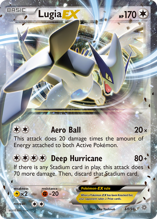 A Pokémon card branded as Lugia EX (68/98) from the XY: Ancient Origins set, featuring 170 HP. This Ultra Rare card shows Lugia flying amidst an ethereal, swirling energy background. It includes two attack options: Aero Ball and Deep Hurricane, along with detailed information on weaknesses, resistances, retreat cost, illustrator name, and Pokémon-EX rules.